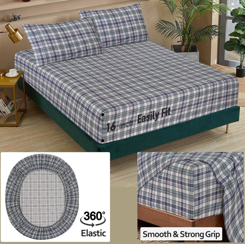 RUVANTI 100% Cotton King Size Sheets Set  4 Pieces  Soft & Breathable Percale Weave Bedding  Deep Pocket 16""  Hotel Standard  Crisp Cool Feel  Durable  Perfect Plaid Bed Sheet  Greenish Blue Plaid - Image 5